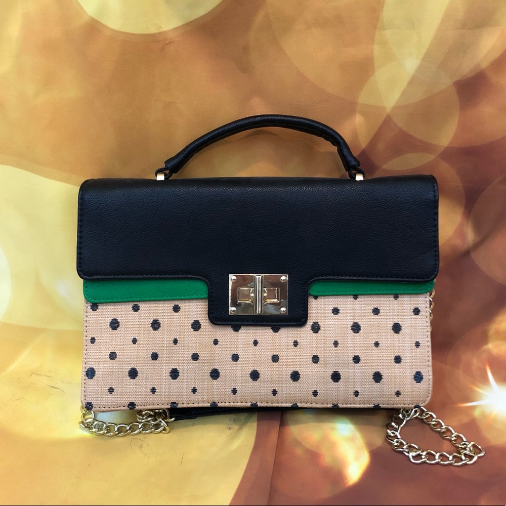 NWOT Green, Black & Straw Polka Dot Satchel